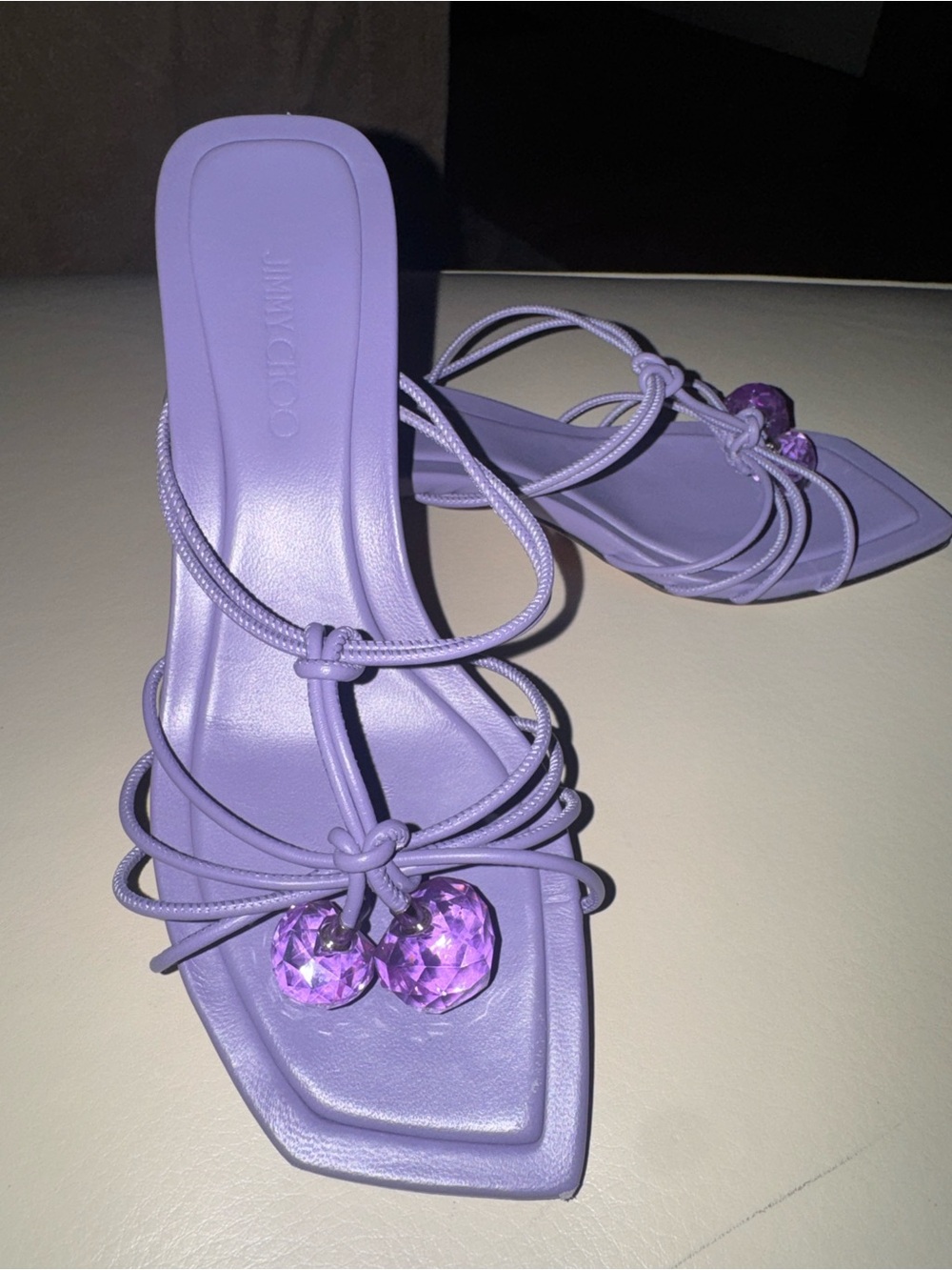 Jimmy Choo Lilac Strappy Gem Slide Sandals heel high 2” - Picture 2 of 2